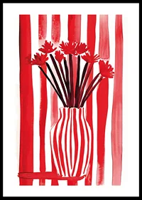 En djärv poster där röda ränder omfamnar blommor i en vas-0