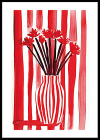 A bold poster where red stripes embrace flowers in a vase-0