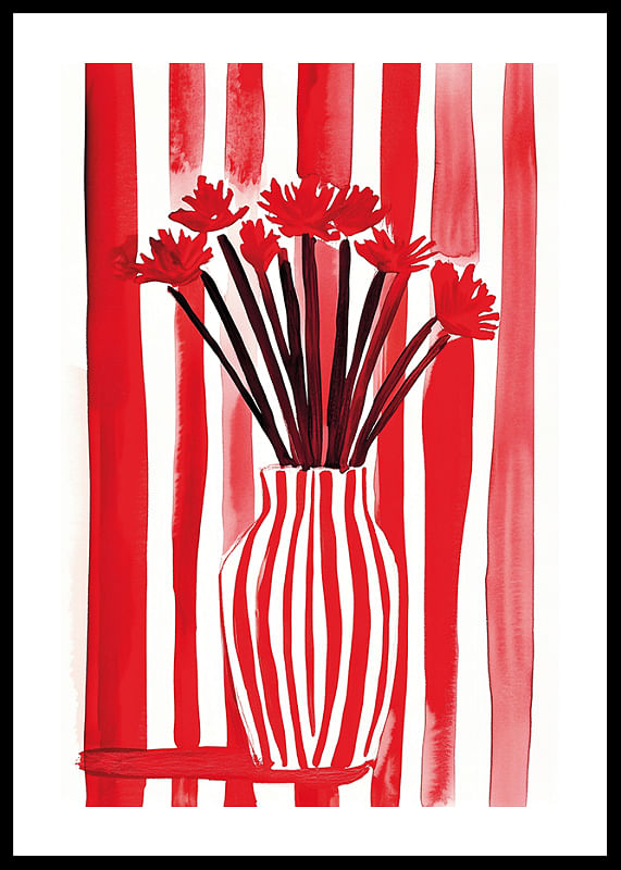 A bold poster where red stripes embrace flowers in a vase-12