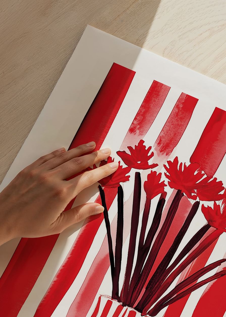 A bold poster where red stripes embrace flowers in a vase-12