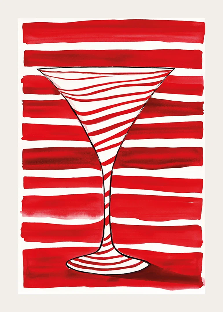 An elegant cocktail glass silhouette stands out against bold, red stripes-12