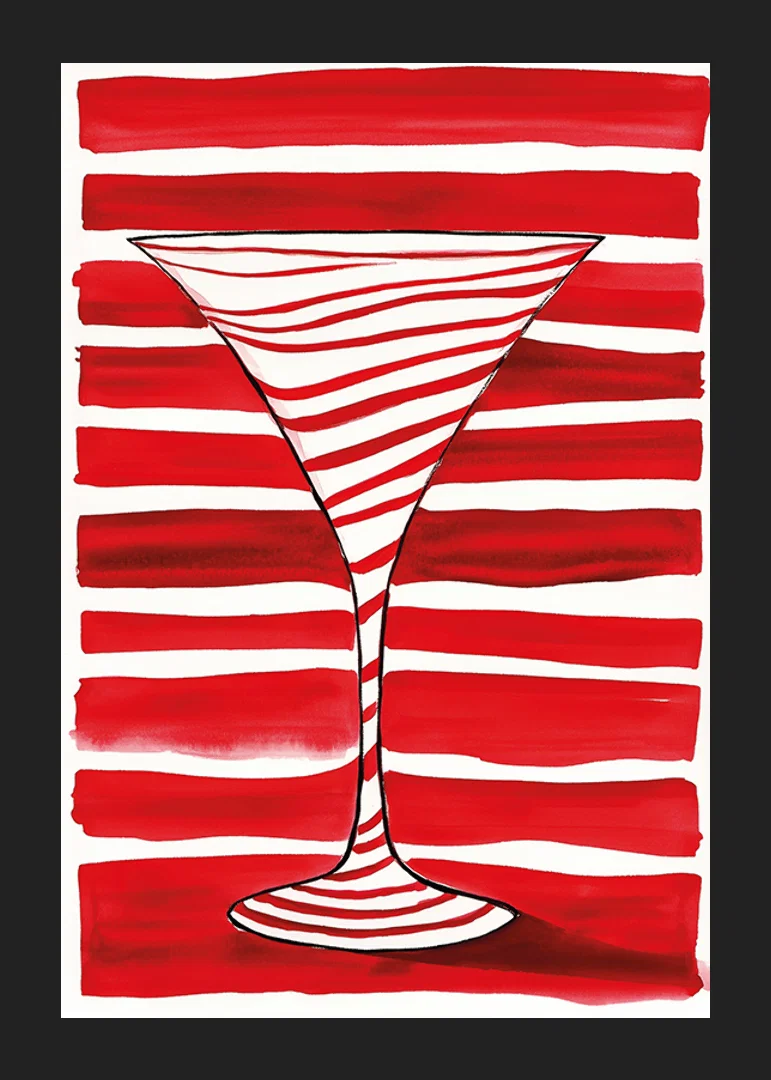 An elegant cocktail glass silhouette stands out against bold, red stripes-12
