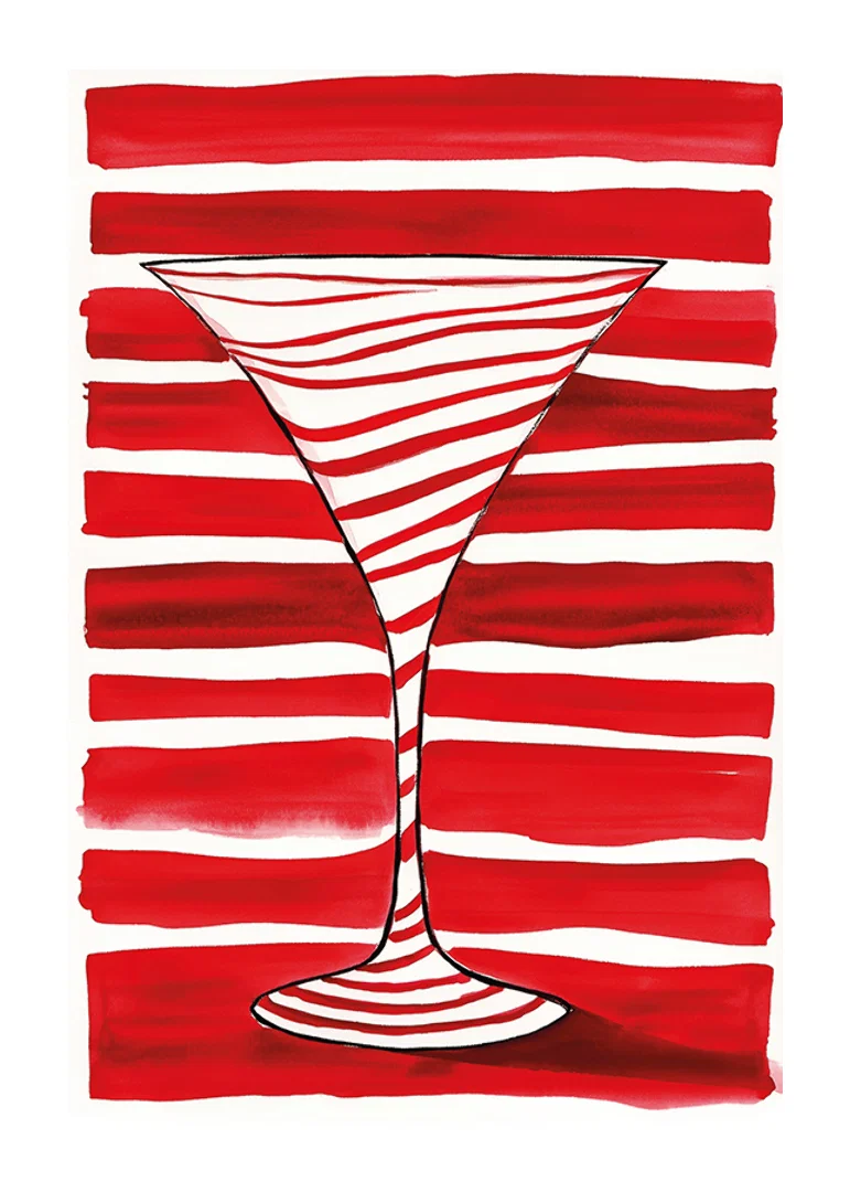 An elegant cocktail glass silhouette stands out against bold, red stripes-12