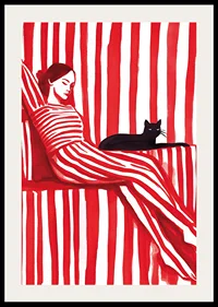 Relaxed harmony in red stripes with a cat for company-2