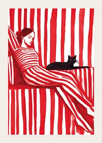 Relaxed harmony in red stripes with a cat for company-3