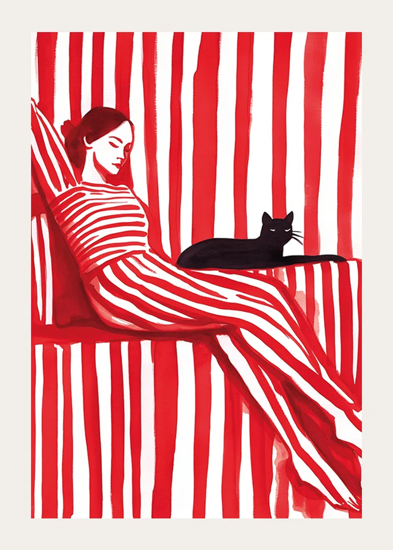 Relaxed harmony in red stripes with a cat for company-12