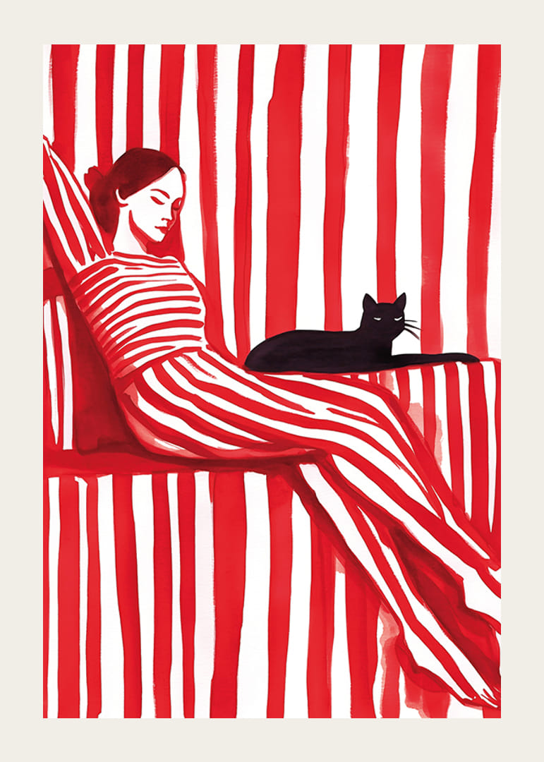 Lõdvestunud harmoonia punastes triipudes kassiga seltskonnaks-12