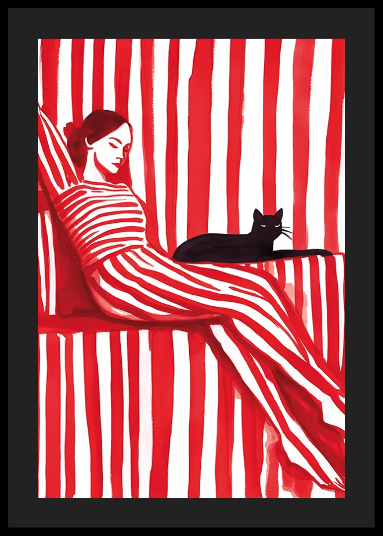 Relaxed harmony in red stripes with a cat for company-12