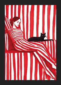 Relaxed harmony in red stripes with a cat for company-5