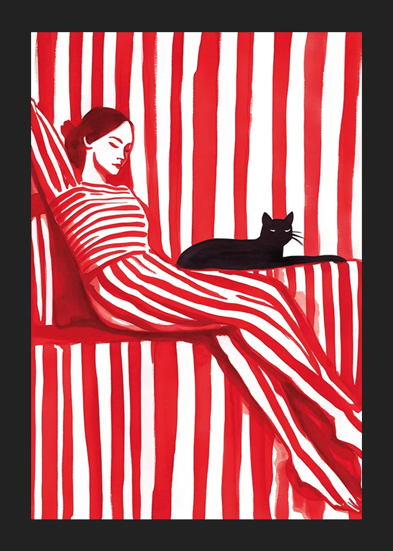 Relaxed harmony in red stripes with a cat for company-12