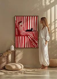 Relaxed harmony in red stripes with a cat for company-8