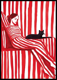 Relaxed harmony in red stripes with a cat for company-6