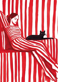Relaxed harmony in red stripes with a cat for company-7