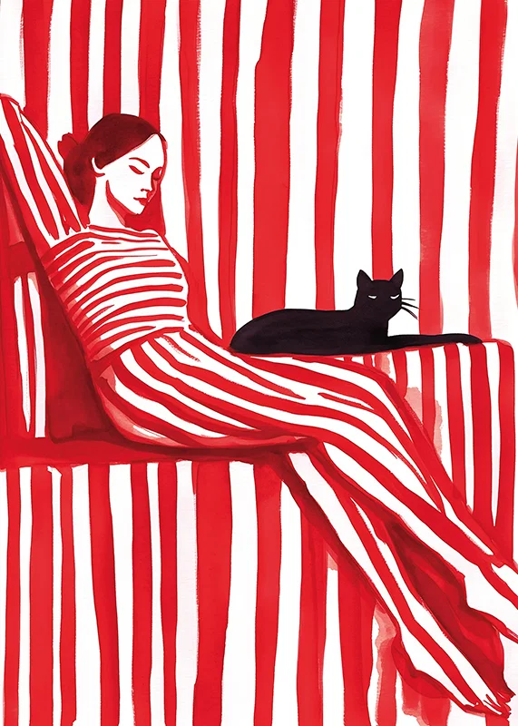 Relaxed harmony in red stripes with a cat for company-12