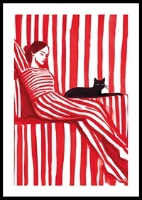 Relaxed harmony in red stripes with a cat for company-0