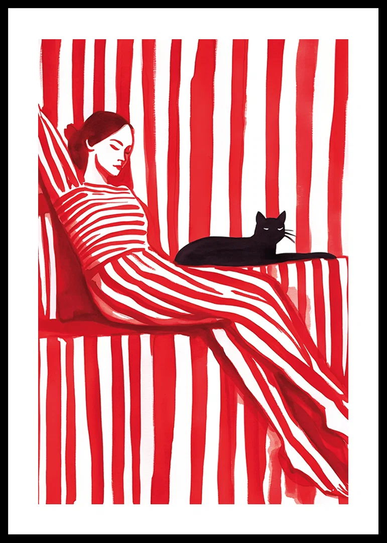 Relaxed harmony in red stripes with a cat for company-12