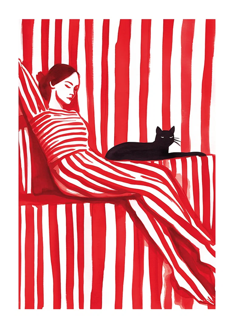 Relaxed harmony in red stripes with a cat for company-12