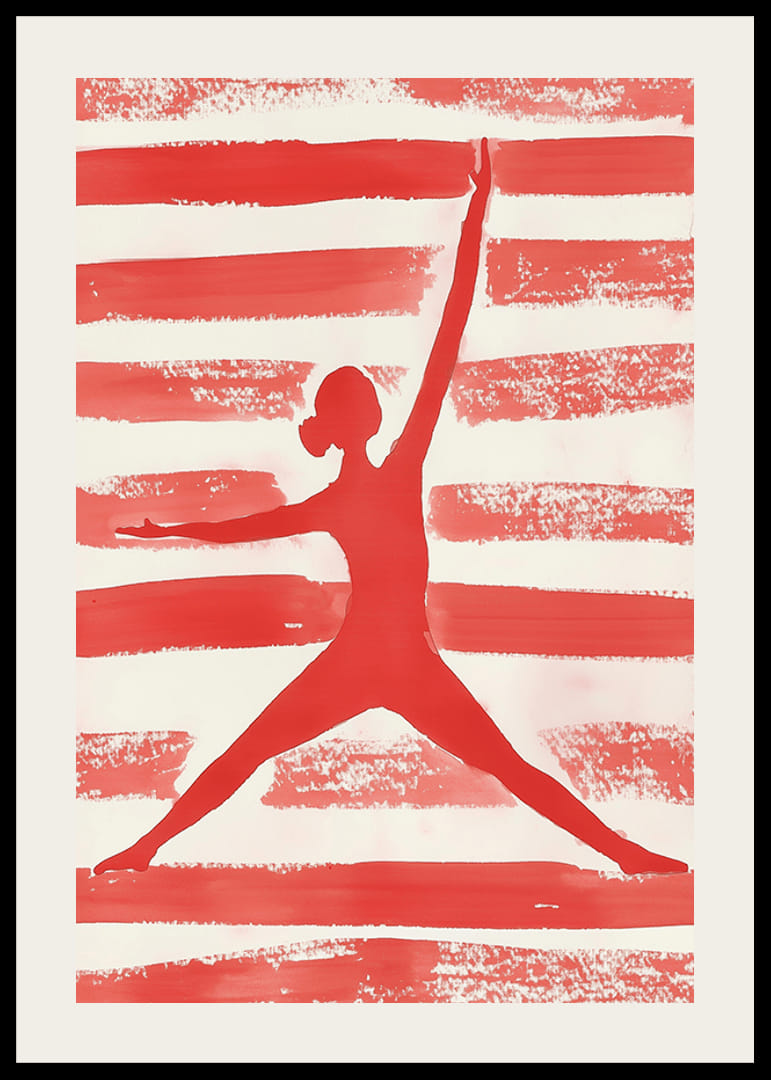 Den røde silhuetten i bevegelse skaper energi og dynamikk mot en stripet bakgrunn-12