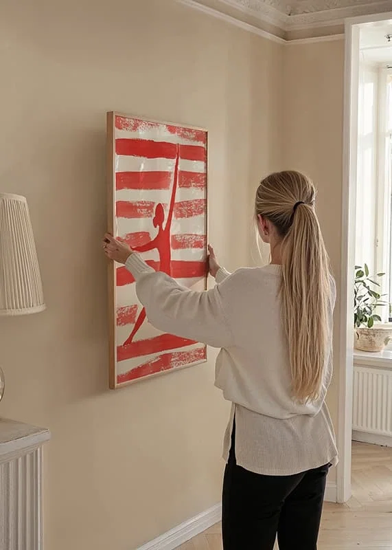 The red silhouette in motion creates energy and dynamics against a striped background-12
