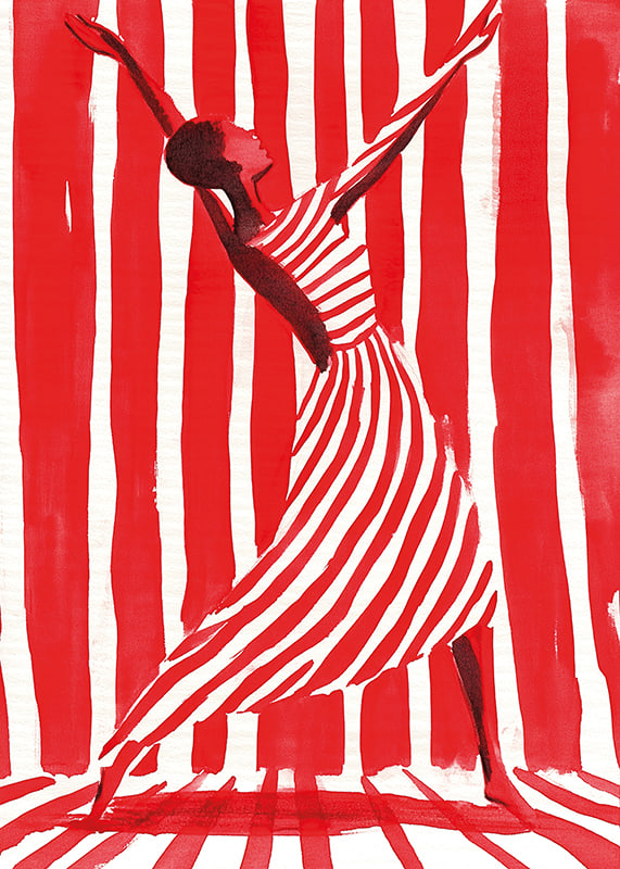 Bailando la libertad en rayas dinámicas de rojo y blanco.-12