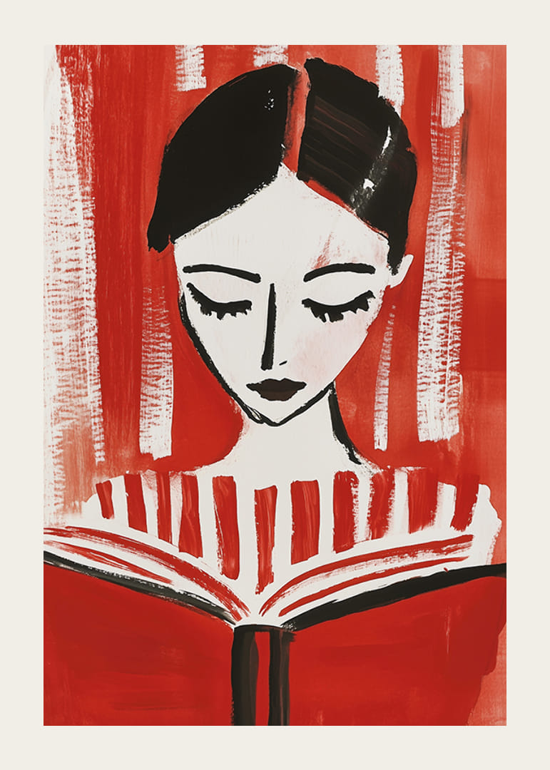 Retrato artístico de una figura lectora sobre un potente fondo rojo-12