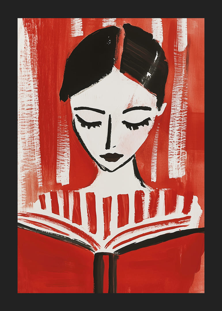 Retrato artístico de una figura lectora sobre un potente fondo rojo-12