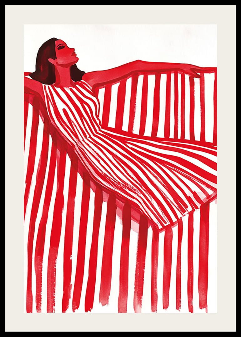 Een levendige vrouw in een rood-wit gestreepte jurk straalt vrolijke elegantie uit-12