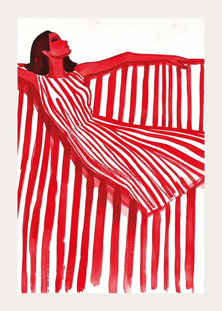 A vibrant woman in a red and white striped dress exudes cheerful elegance-12