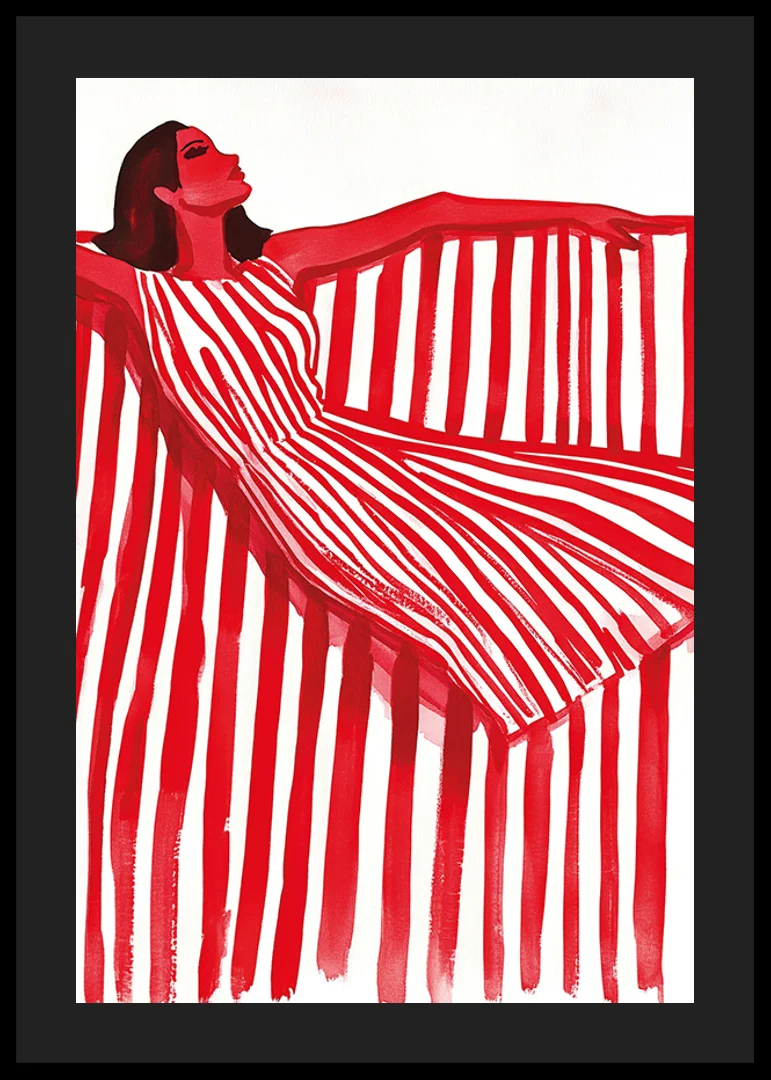 A vibrant woman in a red and white striped dress exudes cheerful elegance-12