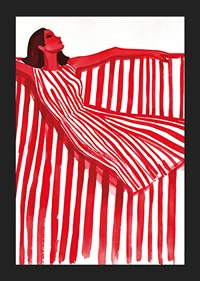 A vibrant woman in a red and white striped dress exudes cheerful elegance-5