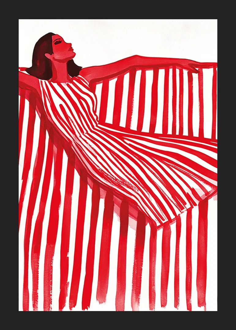 A vibrant woman in a red and white striped dress exudes cheerful elegance-12