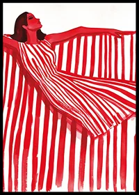 A vibrant woman in a red and white striped dress exudes cheerful elegance-6