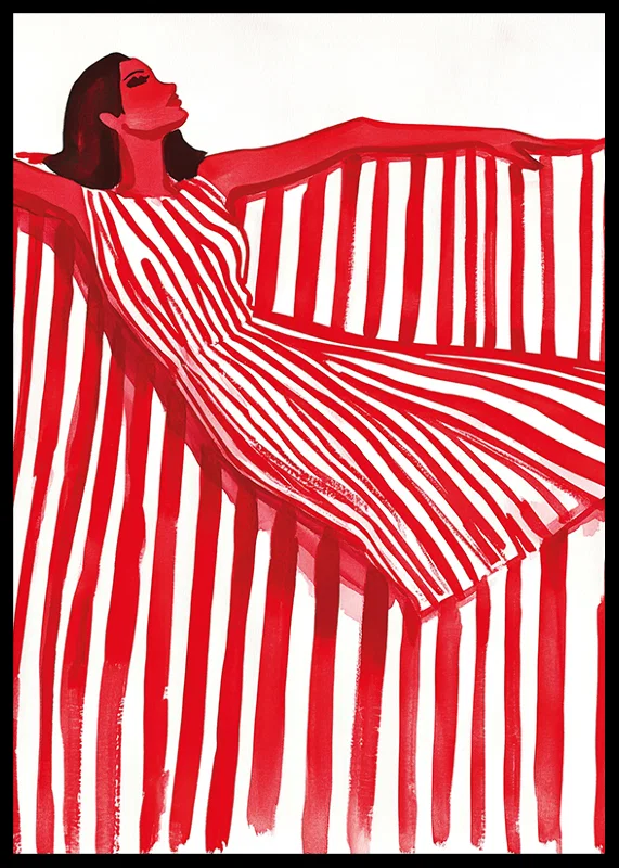 A vibrant woman in a red and white striped dress exudes cheerful elegance-12