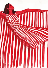 A vibrant woman in a red and white striped dress exudes cheerful elegance-7
