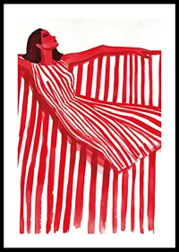 A vibrant woman in a red and white striped dress exudes cheerful elegance-0