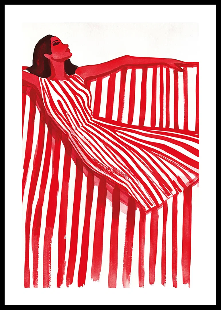 A vibrant woman in a red and white striped dress exudes cheerful elegance-12