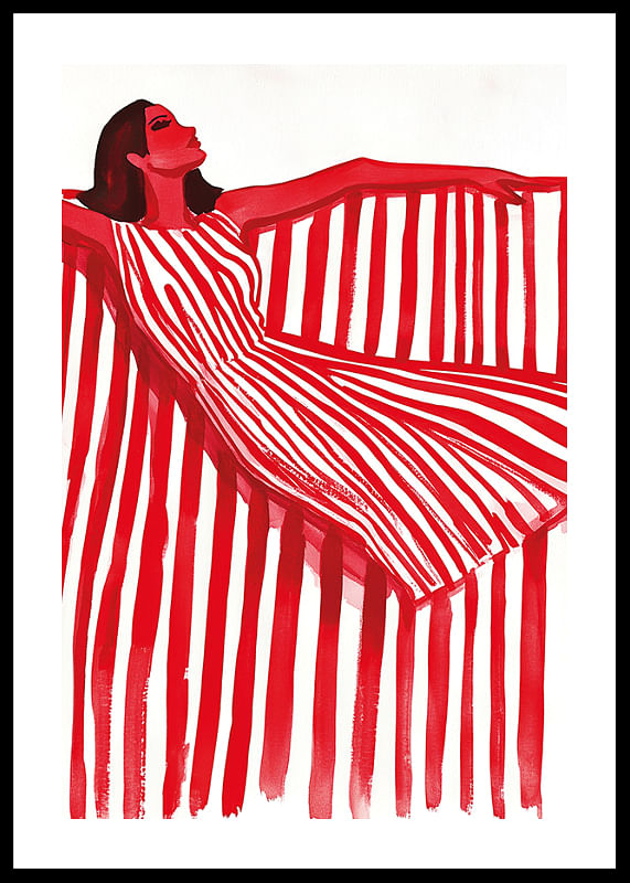 Een levendige vrouw in een rood-wit gestreepte jurk straalt vrolijke elegantie uit-12