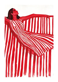 A vibrant woman in a red and white striped dress exudes cheerful elegance-1