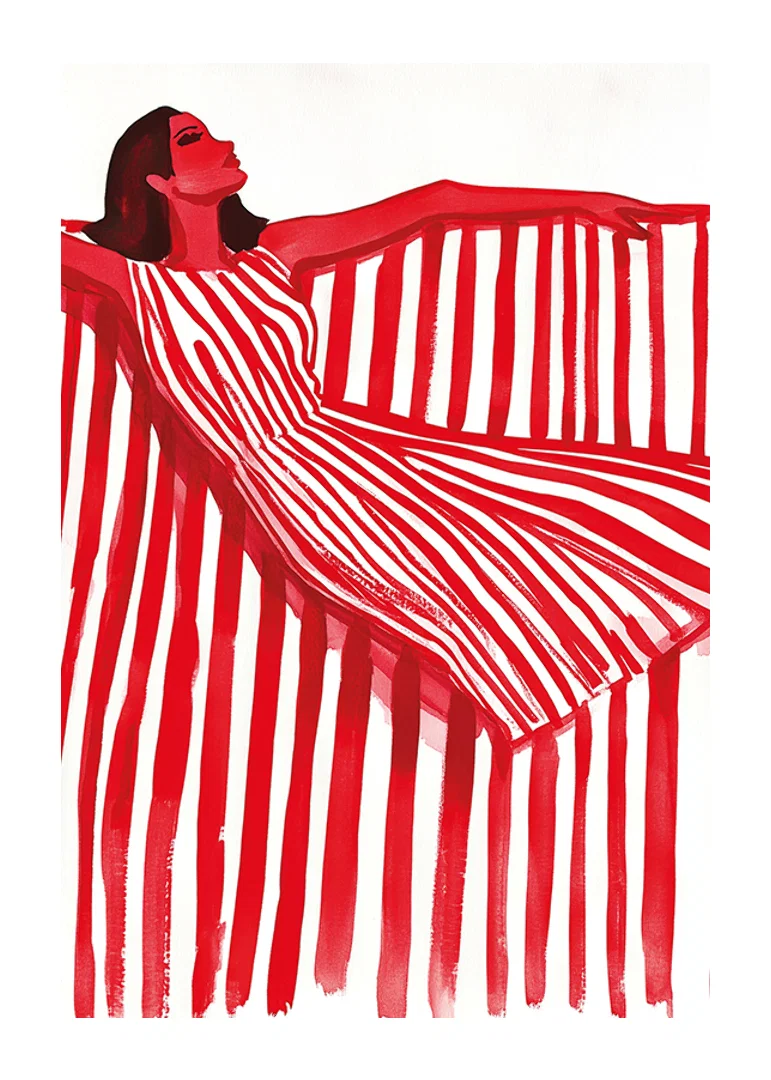A vibrant woman in a red and white striped dress exudes cheerful elegance-12
