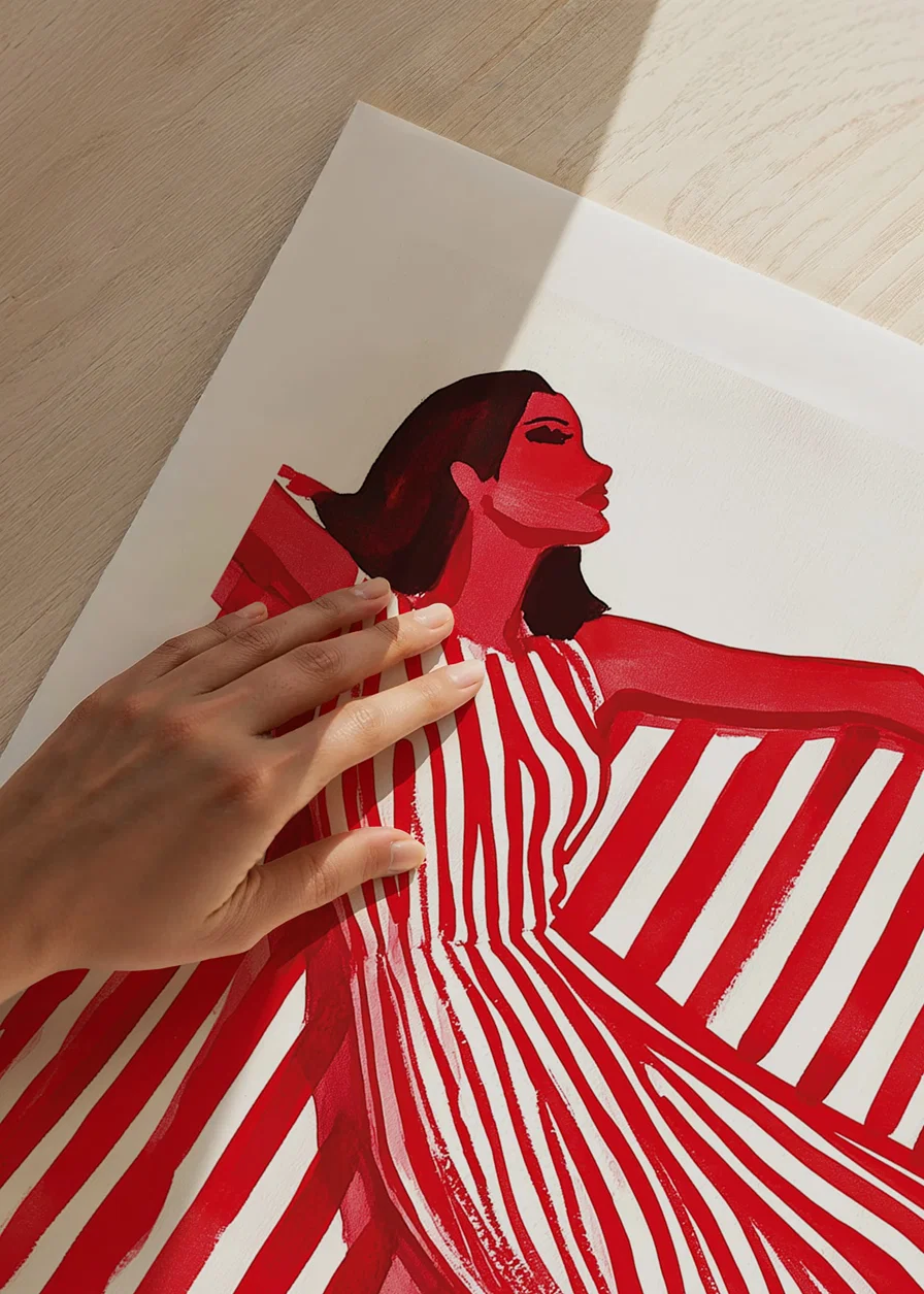 A vibrant woman in a red and white striped dress exudes cheerful elegance-12