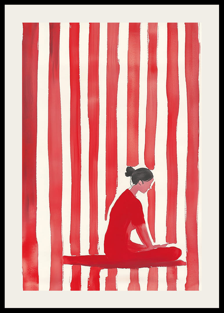 La calma meditativa abraza un mundo rojo y onírico de líneas verticales.-12