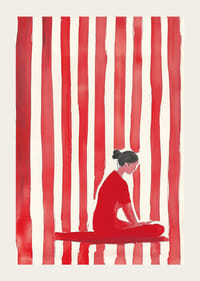 La calma meditativa abraza un mundo rojo y onírico de líneas verticales.-3