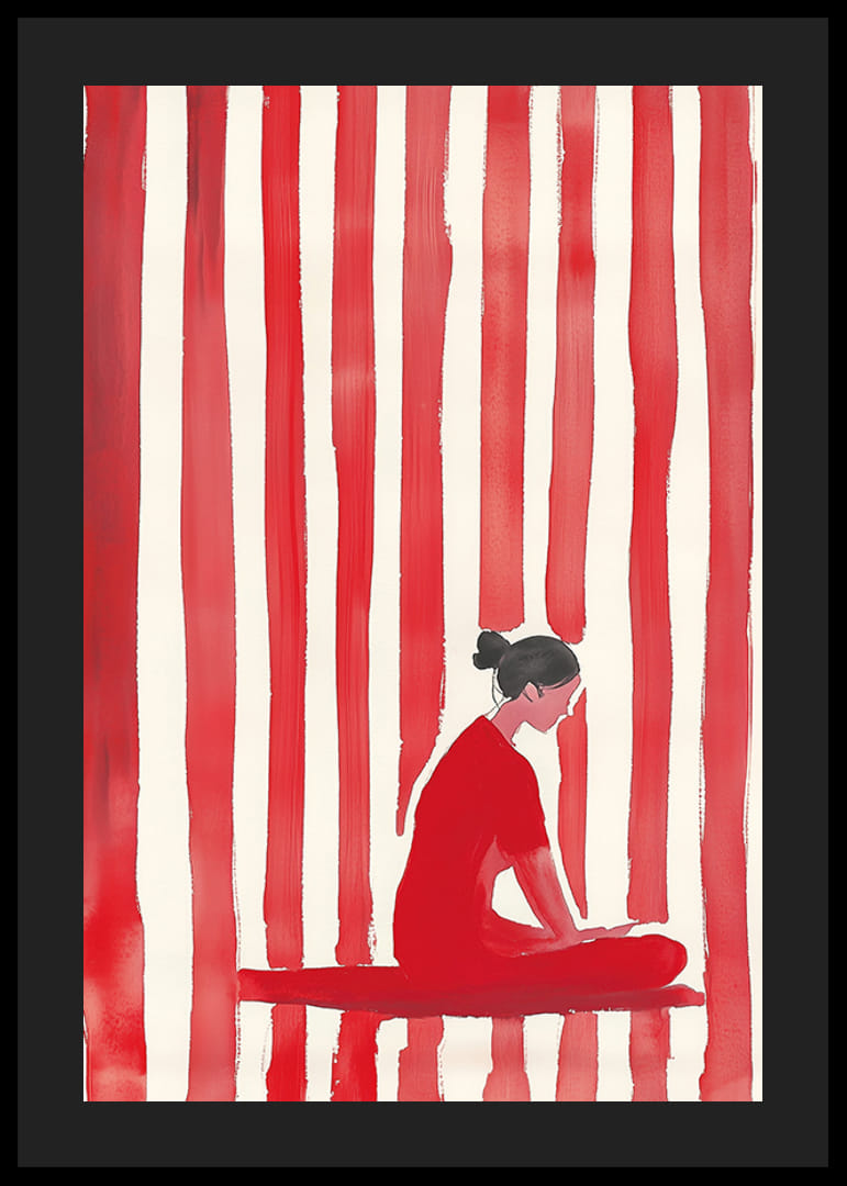 La calma meditativa abraza un mundo rojo y onírico de líneas verticales.-12