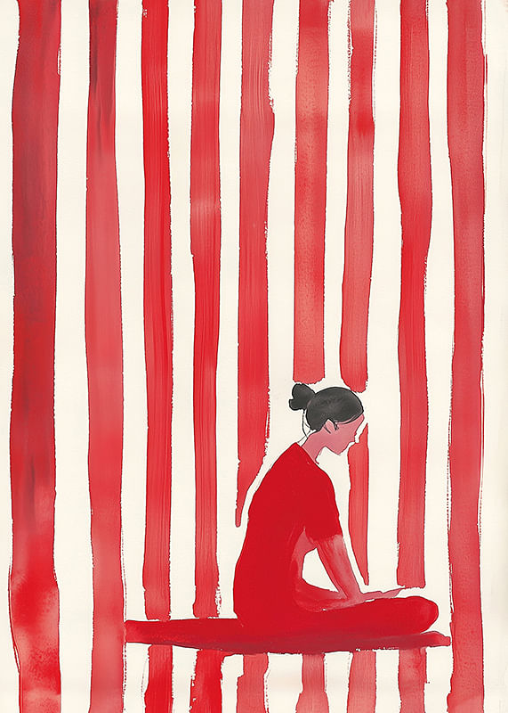 Le calme méditatif embrasse un monde rouge et onirique de lignes verticales-12