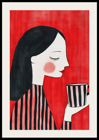 Stijlvolle en warme illustratie van een vrouw die geniet van een kopje koffie tegen een rode achtergrond-2