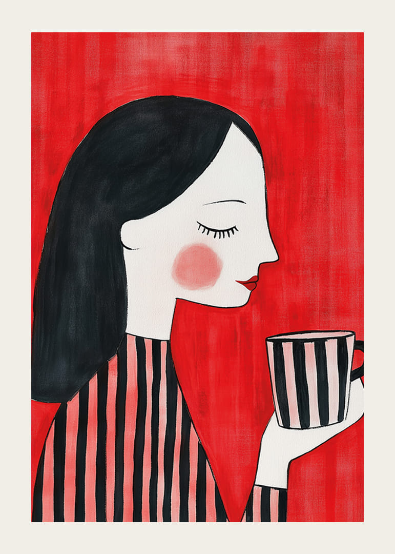 Stijlvolle en warme illustratie van een vrouw die geniet van een kopje koffie tegen een rode achtergrond-12