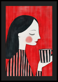 Stijlvolle en warme illustratie van een vrouw die geniet van een kopje koffie tegen een rode achtergrond-4