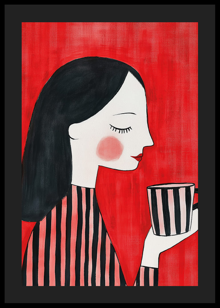 Stijlvolle en warme illustratie van een vrouw die geniet van een kopje koffie tegen een rode achtergrond-12