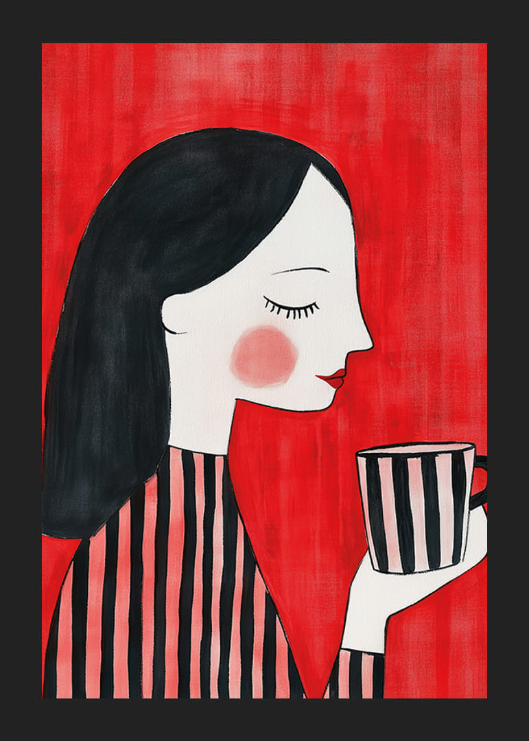 Stijlvolle en warme illustratie van een vrouw die geniet van een kopje koffie tegen een rode achtergrond-12