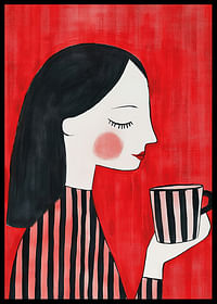 Ilustrație elegantă și caldă a unei femei care savurează o ceașcă de cafea pe un fundal roșu-2